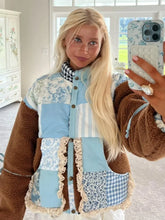 Patchwork Floral Gingham Print Bow Decor Fleece Jacket